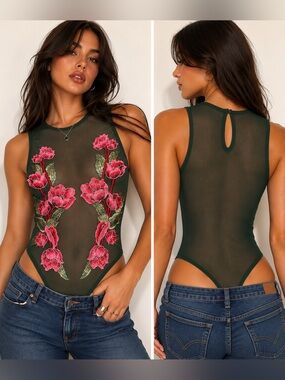 Iris Sheer Mesh Floral Embroidered Bodysuit Green Rose Appliqué Large Whimsical